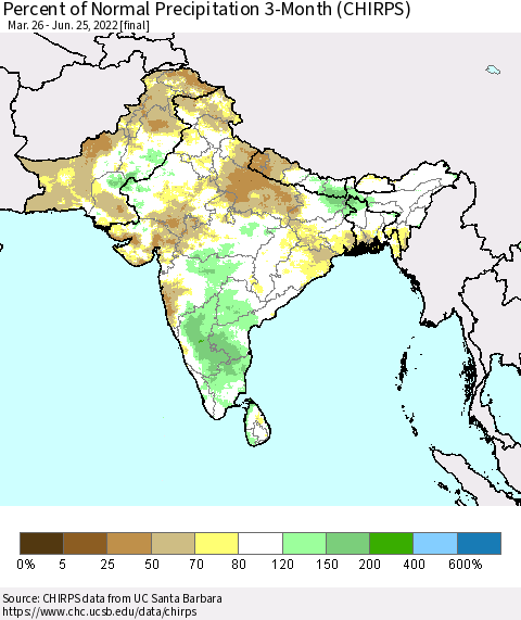 Southern Asia Percent of Normal Precipitation 3-Month (CHIRPS) Thematic Map For 3/26/2022 - 6/25/2022