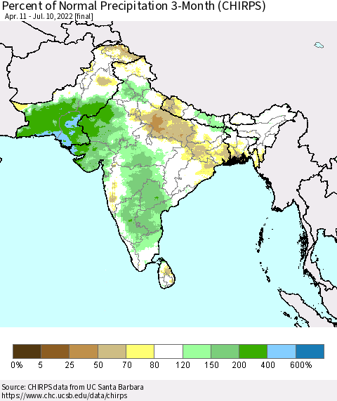 Southern Asia Percent of Normal Precipitation 3-Month (CHIRPS) Thematic Map For 4/11/2022 - 7/10/2022