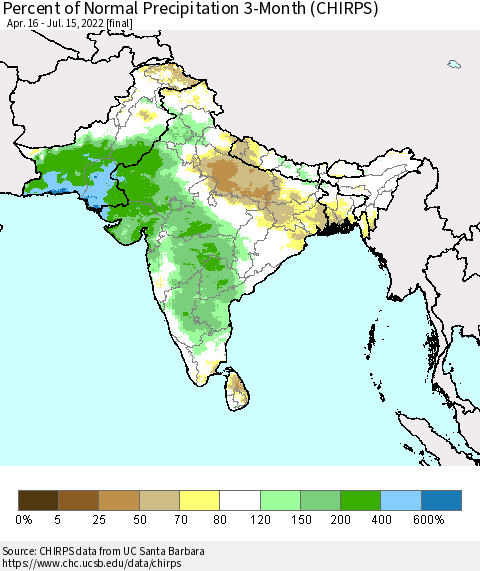 Southern Asia Percent of Normal Precipitation 3-Month (CHIRPS) Thematic Map For 4/16/2022 - 7/15/2022