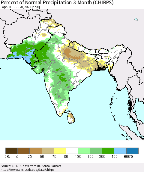 Southern Asia Percent of Normal Precipitation 3-Month (CHIRPS) Thematic Map For 4/21/2022 - 7/20/2022