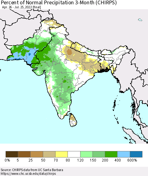 Southern Asia Percent of Normal Precipitation 3-Month (CHIRPS) Thematic Map For 4/26/2022 - 7/25/2022