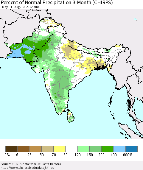 Southern Asia Percent of Normal Precipitation 3-Month (CHIRPS) Thematic Map For 5/11/2022 - 8/10/2022