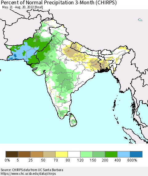 Southern Asia Percent of Normal Precipitation 3-Month (CHIRPS) Thematic Map For 5/21/2022 - 8/20/2022