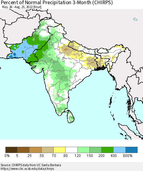 Southern Asia Percent of Normal Precipitation 3-Month (CHIRPS) Thematic Map For 5/26/2022 - 8/25/2022
