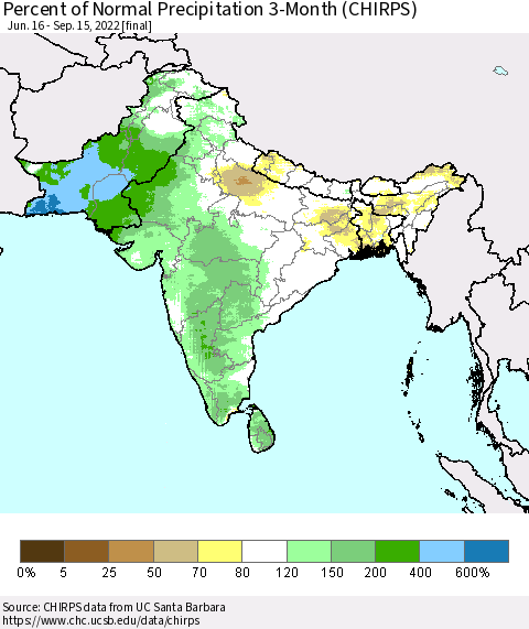Southern Asia Percent of Normal Precipitation 3-Month (CHIRPS) Thematic Map For 6/16/2022 - 9/15/2022