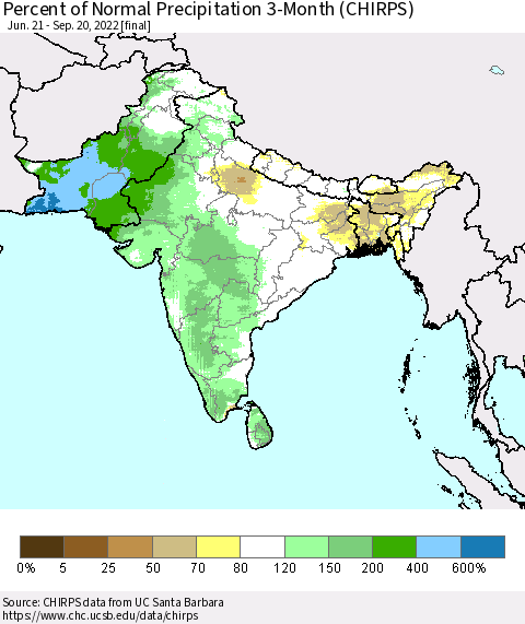 Southern Asia Percent of Normal Precipitation 3-Month (CHIRPS) Thematic Map For 6/21/2022 - 9/20/2022
