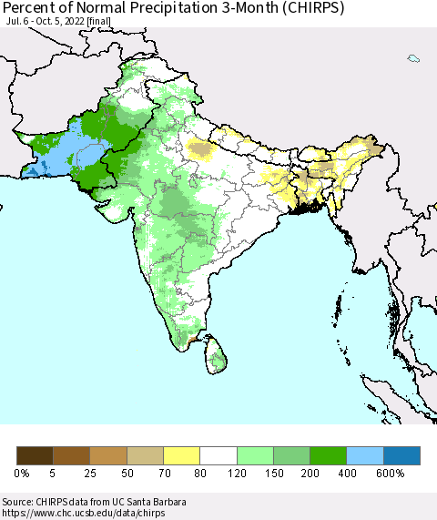 Southern Asia Percent of Normal Precipitation 3-Month (CHIRPS) Thematic Map For 7/6/2022 - 10/5/2022