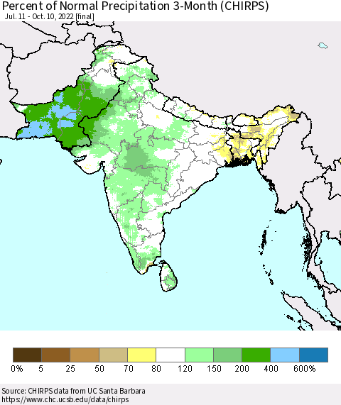 Southern Asia Percent of Normal Precipitation 3-Month (CHIRPS) Thematic Map For 7/11/2022 - 10/10/2022