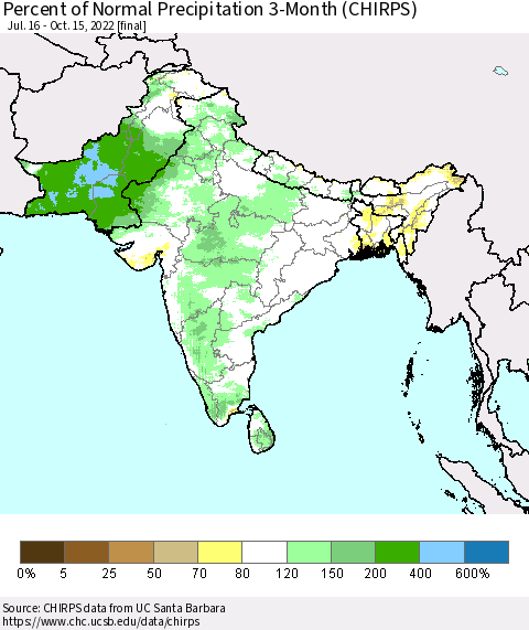 Southern Asia Percent of Normal Precipitation 3-Month (CHIRPS) Thematic Map For 7/16/2022 - 10/15/2022