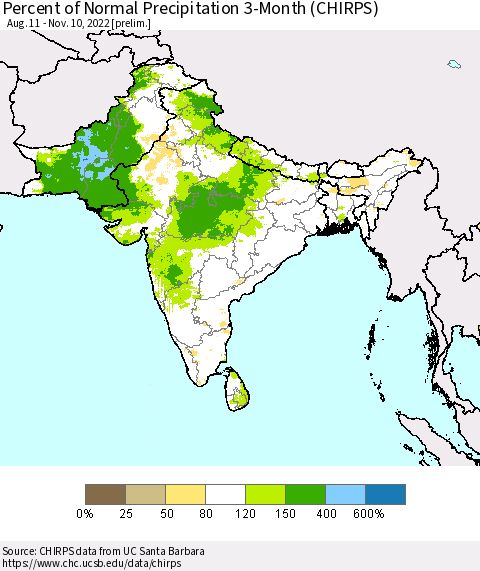 Southern Asia Percent of Normal Precipitation 3-Month (CHIRPS) Thematic Map For 8/11/2022 - 11/10/2022