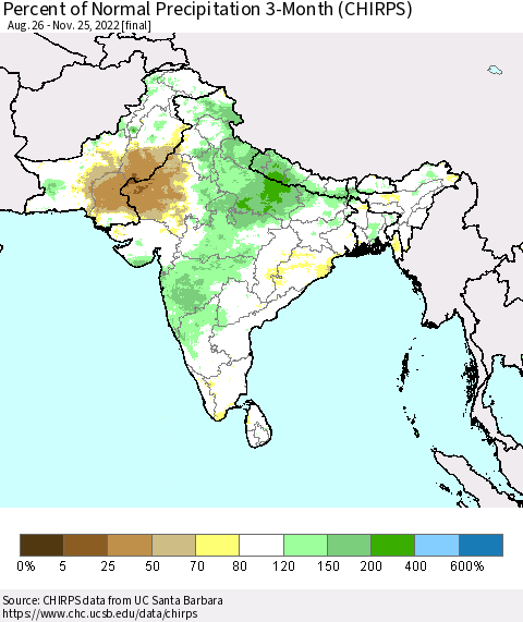 Southern Asia Percent of Normal Precipitation 3-Month (CHIRPS) Thematic Map For 8/26/2022 - 11/25/2022