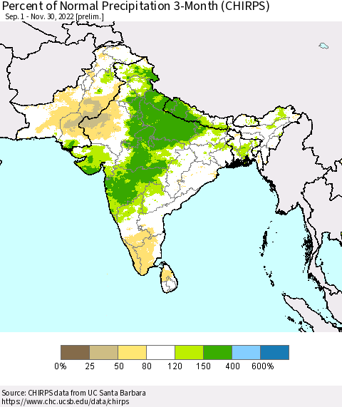 Southern Asia Percent of Normal Precipitation 3-Month (CHIRPS) Thematic Map For 9/1/2022 - 11/30/2022
