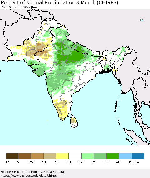 Southern Asia Percent of Normal Precipitation 3-Month (CHIRPS) Thematic Map For 9/6/2022 - 12/5/2022