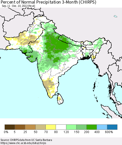Southern Asia Percent of Normal Precipitation 3-Month (CHIRPS) Thematic Map For 9/11/2022 - 12/10/2022