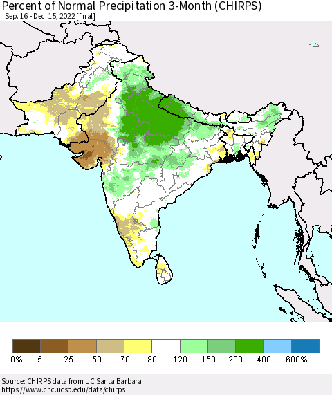 Southern Asia Percent of Normal Precipitation 3-Month (CHIRPS) Thematic Map For 9/16/2022 - 12/15/2022