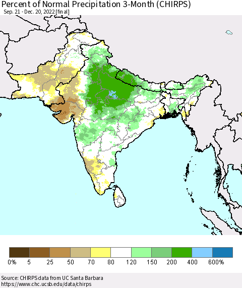 Southern Asia Percent of Normal Precipitation 3-Month (CHIRPS) Thematic Map For 9/21/2022 - 12/20/2022