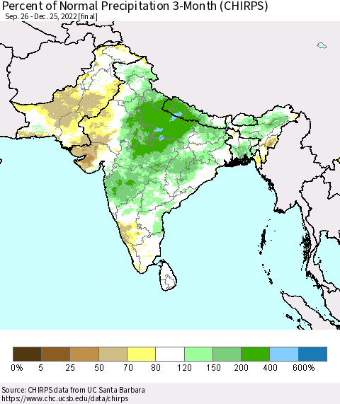 Southern Asia Percent of Normal Precipitation 3-Month (CHIRPS) Thematic Map For 9/26/2022 - 12/25/2022