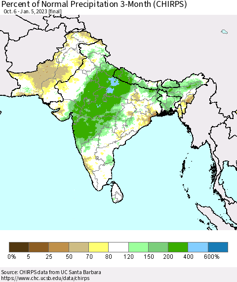 Southern Asia Percent of Normal Precipitation 3-Month (CHIRPS) Thematic Map For 10/6/2022 - 1/5/2023