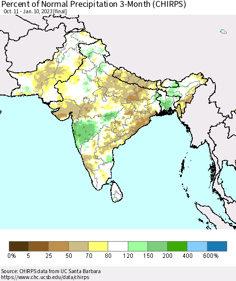 Southern Asia Percent of Normal Precipitation 3-Month (CHIRPS) Thematic Map For 10/11/2022 - 1/10/2023