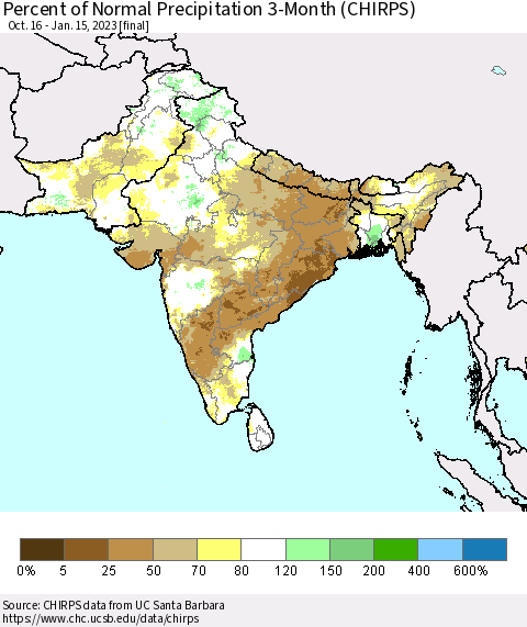 Southern Asia Percent of Normal Precipitation 3-Month (CHIRPS) Thematic Map For 10/16/2022 - 1/15/2023