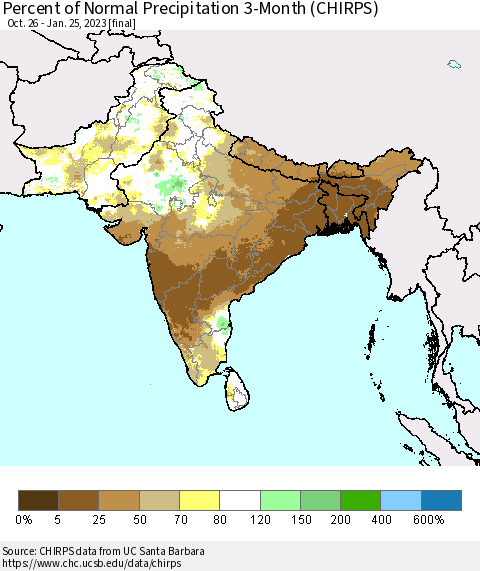 Southern Asia Percent of Normal Precipitation 3-Month (CHIRPS) Thematic Map For 10/26/2022 - 1/25/2023
