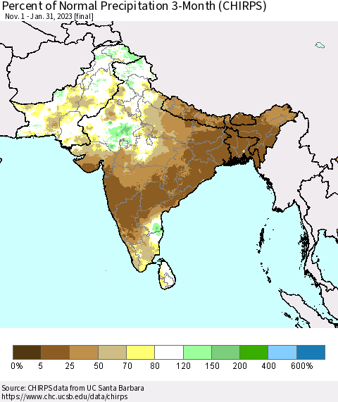 Southern Asia Percent of Normal Precipitation 3-Month (CHIRPS) Thematic Map For 11/1/2022 - 1/31/2023