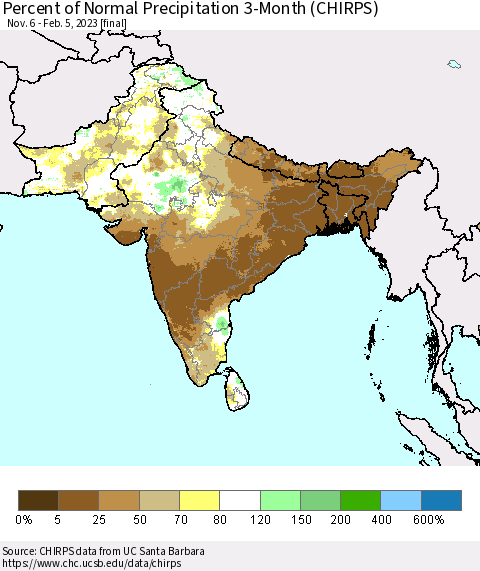 Southern Asia Percent of Normal Precipitation 3-Month (CHIRPS) Thematic Map For 11/6/2022 - 2/5/2023