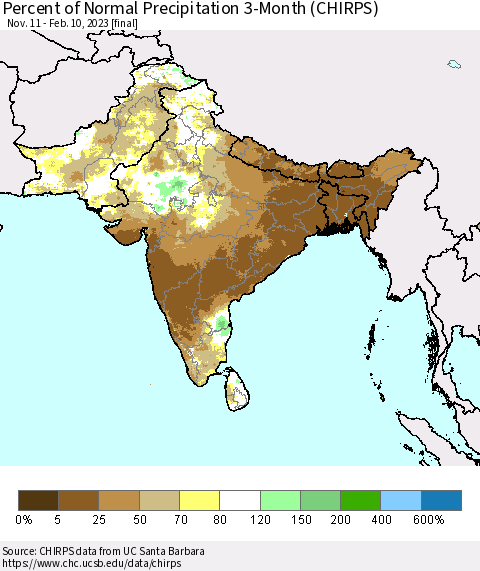 Southern Asia Percent of Normal Precipitation 3-Month (CHIRPS) Thematic Map For 11/11/2022 - 2/10/2023