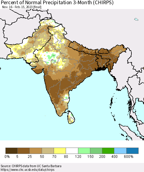Southern Asia Percent of Normal Precipitation 3-Month (CHIRPS) Thematic Map For 11/16/2022 - 2/15/2023