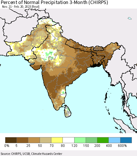 Southern Asia Percent of Normal Precipitation 3-Month (CHIRPS) Thematic Map For 11/21/2022 - 2/20/2023