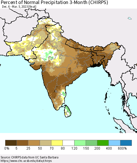 Southern Asia Percent of Normal Precipitation 3-Month (CHIRPS) Thematic Map For 12/6/2022 - 3/5/2023