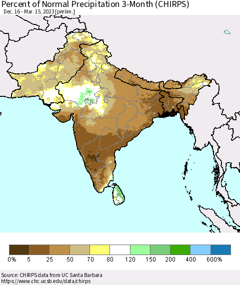 Southern Asia Percent of Normal Precipitation 3-Month (CHIRPS) Thematic Map For 12/16/2022 - 3/15/2023