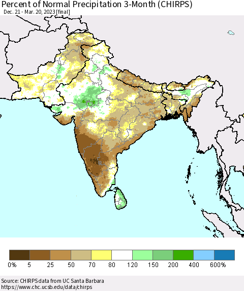 Southern Asia Percent of Normal Precipitation 3-Month (CHIRPS) Thematic Map For 12/21/2022 - 3/20/2023