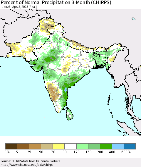 Southern Asia Percent of Normal Precipitation 3-Month (CHIRPS) Thematic Map For 1/6/2023 - 4/5/2023