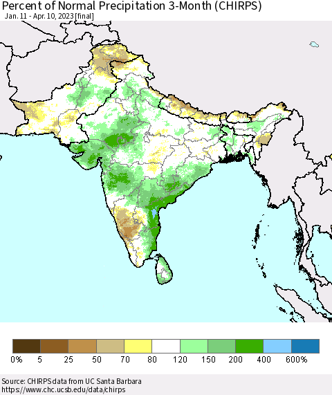 Southern Asia Percent of Normal Precipitation 3-Month (CHIRPS) Thematic Map For 1/11/2023 - 4/10/2023