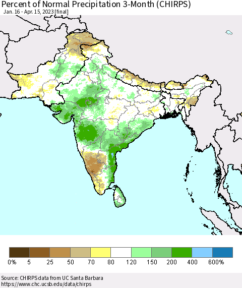 Southern Asia Percent of Normal Precipitation 3-Month (CHIRPS) Thematic Map For 1/16/2023 - 4/15/2023