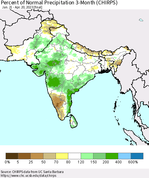 Southern Asia Percent of Normal Precipitation 3-Month (CHIRPS) Thematic Map For 1/21/2023 - 4/20/2023