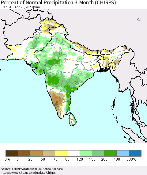 Southern Asia Percent of Normal Precipitation 3-Month (CHIRPS) Thematic Map For 1/26/2023 - 4/25/2023