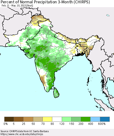 Southern Asia Percent of Normal Precipitation 3-Month (CHIRPS) Thematic Map For 2/11/2023 - 5/10/2023