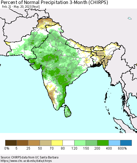 Southern Asia Percent of Normal Precipitation 3-Month (CHIRPS) Thematic Map For 2/21/2023 - 5/20/2023