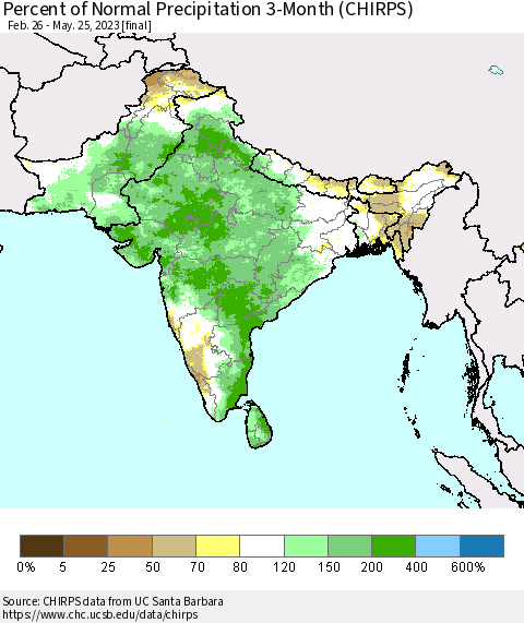 Southern Asia Percent of Normal Precipitation 3-Month (CHIRPS) Thematic Map For 2/26/2023 - 5/25/2023