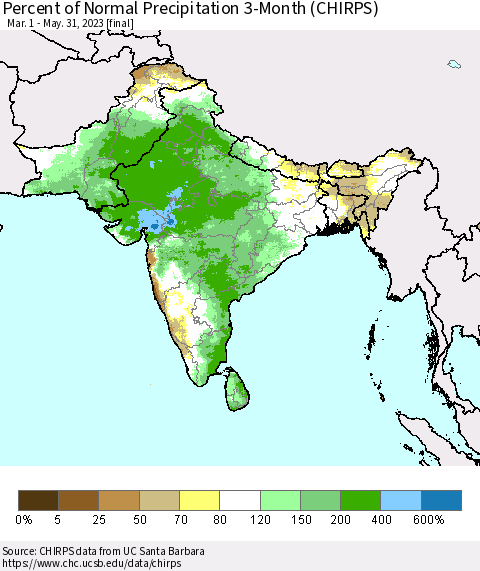 Southern Asia Percent of Normal Precipitation 3-Month (CHIRPS) Thematic Map For 3/1/2023 - 5/31/2023