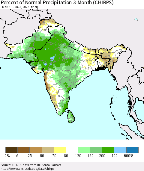 Southern Asia Percent of Normal Precipitation 3-Month (CHIRPS) Thematic Map For 3/6/2023 - 6/5/2023
