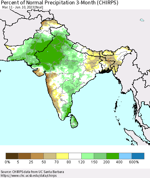 Southern Asia Percent of Normal Precipitation 3-Month (CHIRPS) Thematic Map For 3/11/2023 - 6/10/2023