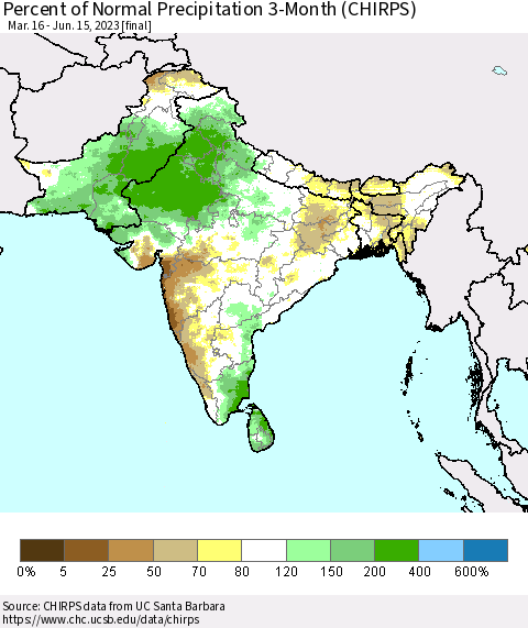 Southern Asia Percent of Normal Precipitation 3-Month (CHIRPS) Thematic Map For 3/16/2023 - 6/15/2023