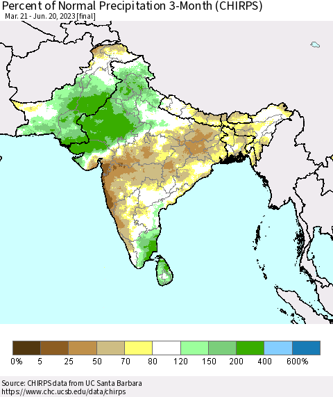 Southern Asia Percent of Normal Precipitation 3-Month (CHIRPS) Thematic Map For 3/21/2023 - 6/20/2023