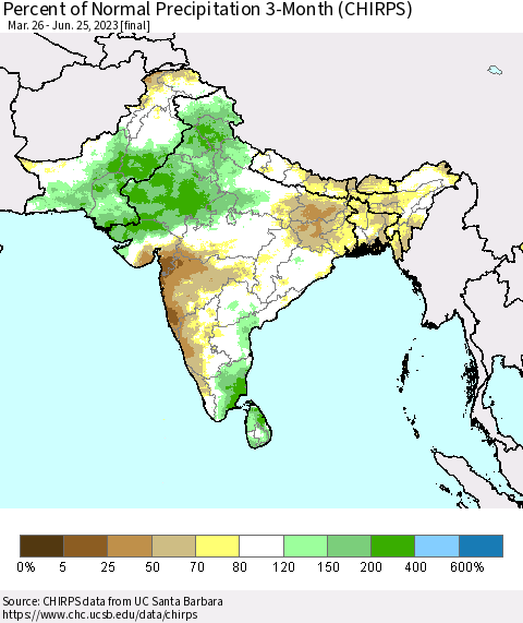 Southern Asia Percent of Normal Precipitation 3-Month (CHIRPS) Thematic Map For 3/26/2023 - 6/25/2023