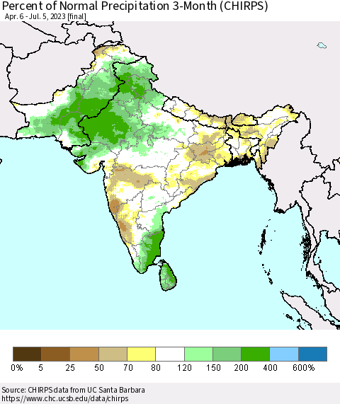 Southern Asia Percent of Normal Precipitation 3-Month (CHIRPS) Thematic Map For 4/6/2023 - 7/5/2023