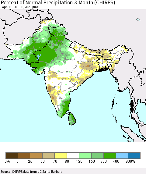 Southern Asia Percent of Normal Precipitation 3-Month (CHIRPS) Thematic Map For 4/11/2023 - 7/10/2023