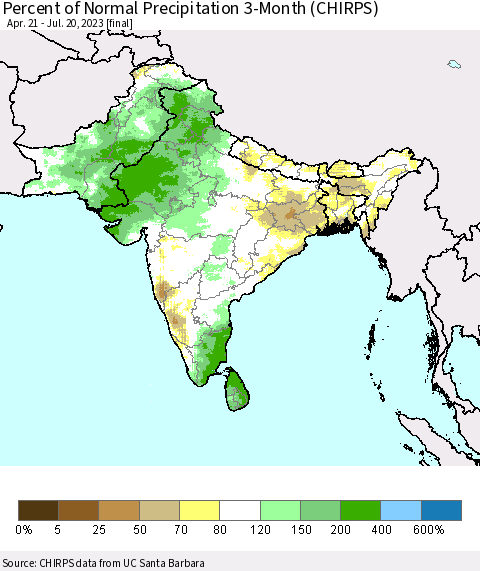 Southern Asia Percent of Normal Precipitation 3-Month (CHIRPS) Thematic Map For 4/21/2023 - 7/20/2023